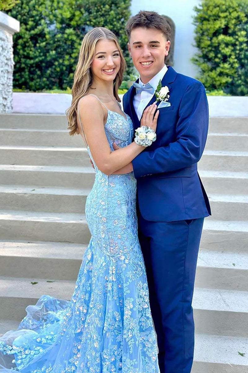 Load image into Gallery viewer, Sparkly Blue Floral Spaghetti Straps Long Corset Prom Dress