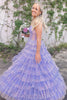 Load image into Gallery viewer, Sparkly Lilac A Line Tiered Long Corset Prom Dress with Slit