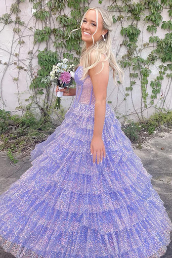 Sparkly Lilac A Line Tiered Long Corset Prom Dress with Slit