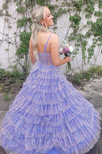 Sparkly Lilac A Line Tiered Long Corset Prom Dress with Slit