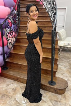 Sparkly Black Cold Shoulder Sequin Long Corset Prom Dress with Slit