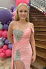 Load image into Gallery viewer, Sparkly Pink Beaded Asymmetrical Side Cape Long Prom Dress with Slit