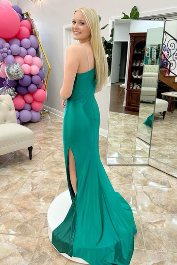 Sparkly Green Beaded Mermaid Long Satin Prom Dress with Slit