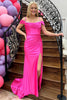 Load image into Gallery viewer, Sparkly Fuchsia Cold Shoulder Long Satin Prom Dress with Slit