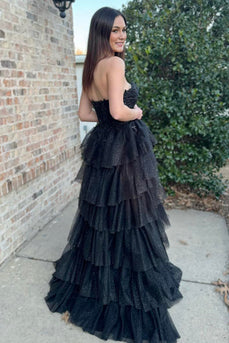 Sparkly Black Floral Strapless Tiered Long Corset Prom Dress with Slit