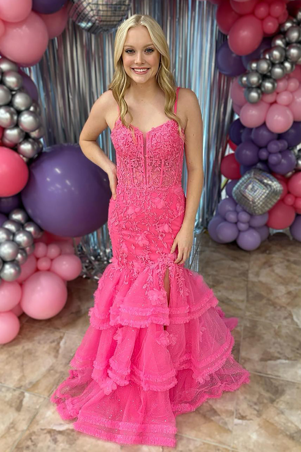 Floral Fuchsia Spaghetti Straps Tiered Long Corset Prom Dress with Slit