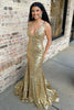 Load image into Gallery viewer, Sparkly Gold Sequin V-Neck Mermaid Long Prom Dress