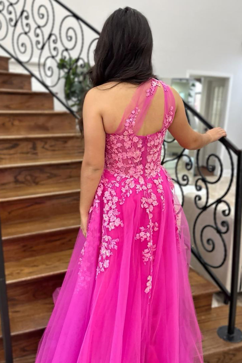 Load image into Gallery viewer, Floral Fuchsia A Line One Shoulder Long Corset Prom Dress