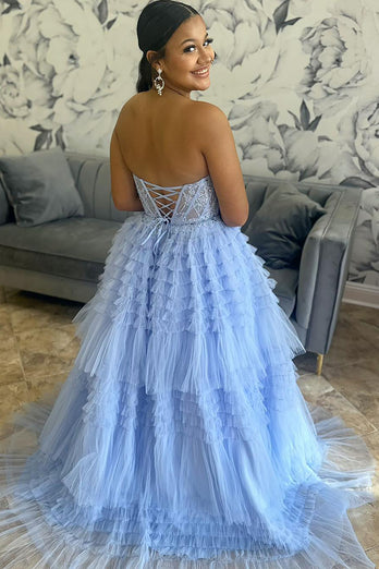 Sparkly Light Blue Sweetheart Tiered Tulle Long Corset Prom Dress