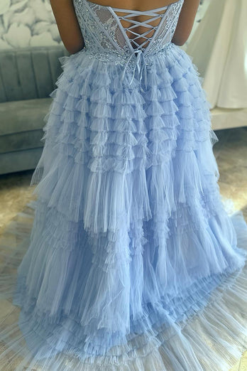 Sparkly Light Blue Sweetheart Tiered Tulle Long Corset Prom Dress