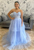 Load image into Gallery viewer, Sparkly Light Blue Sweetheart Tiered Tulle Long Corset Prom Dress