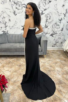 Sparkly Black Strapless Mermaid Long Beaded Prom Dress with Slit