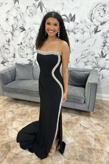 Sparkly Black Strapless Mermaid Long Beaded Prom Dress with Slit