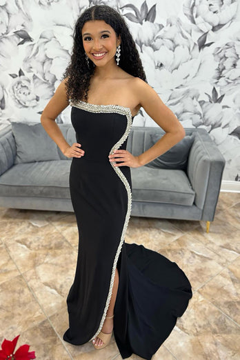 Sparkly Black Strapless Mermaid Long Beaded Prom Dress with Slit