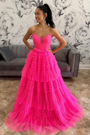 Fuchsia Strapless A Line Tiered Tulle Long Prom Dress