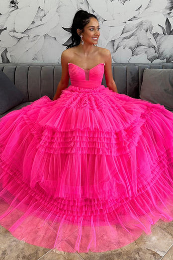 Fuchsia Strapless A Line Tiered Tulle Long Prom Dress