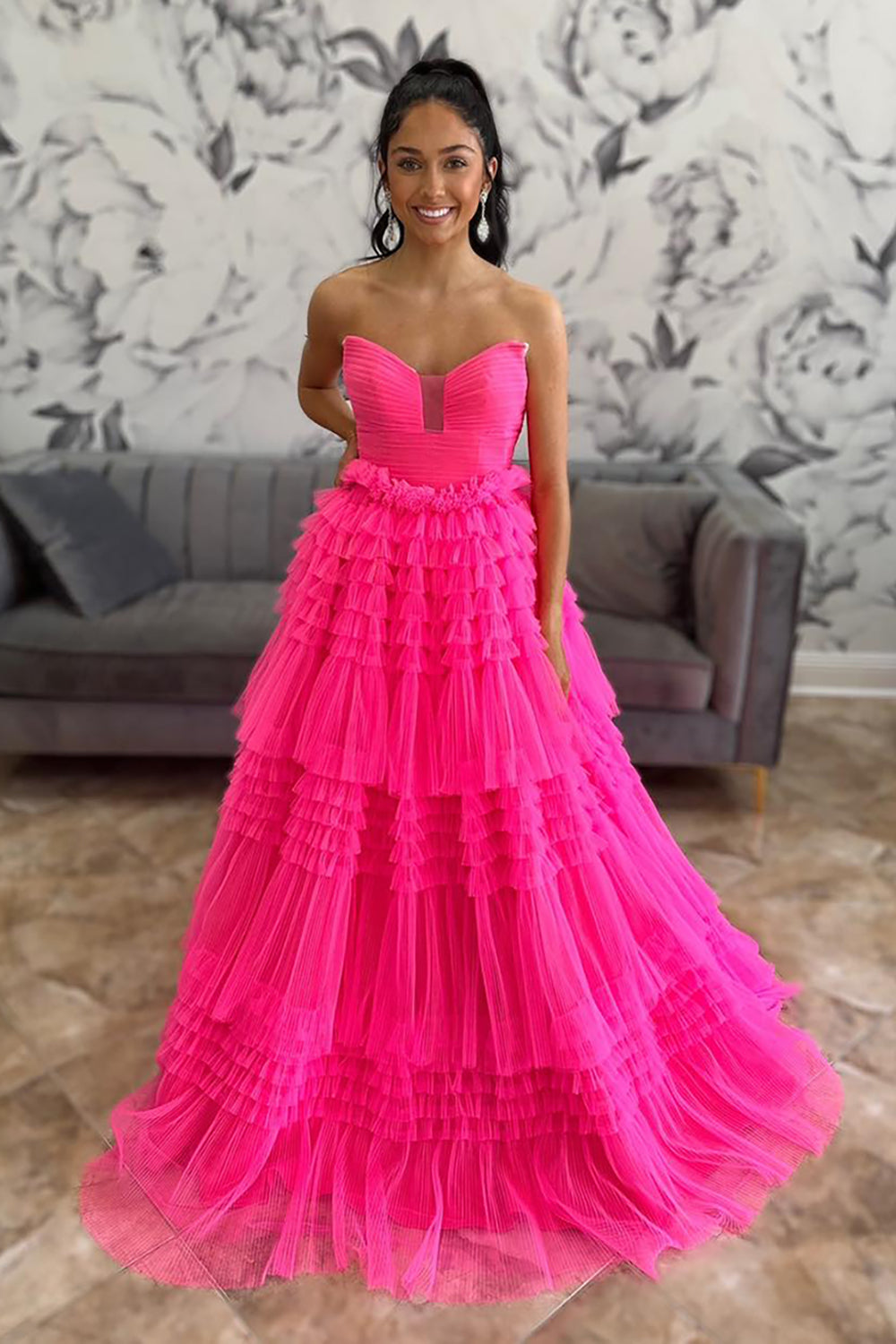 Fuchsia Strapless A Line Tiered Tulle Long Prom Dress