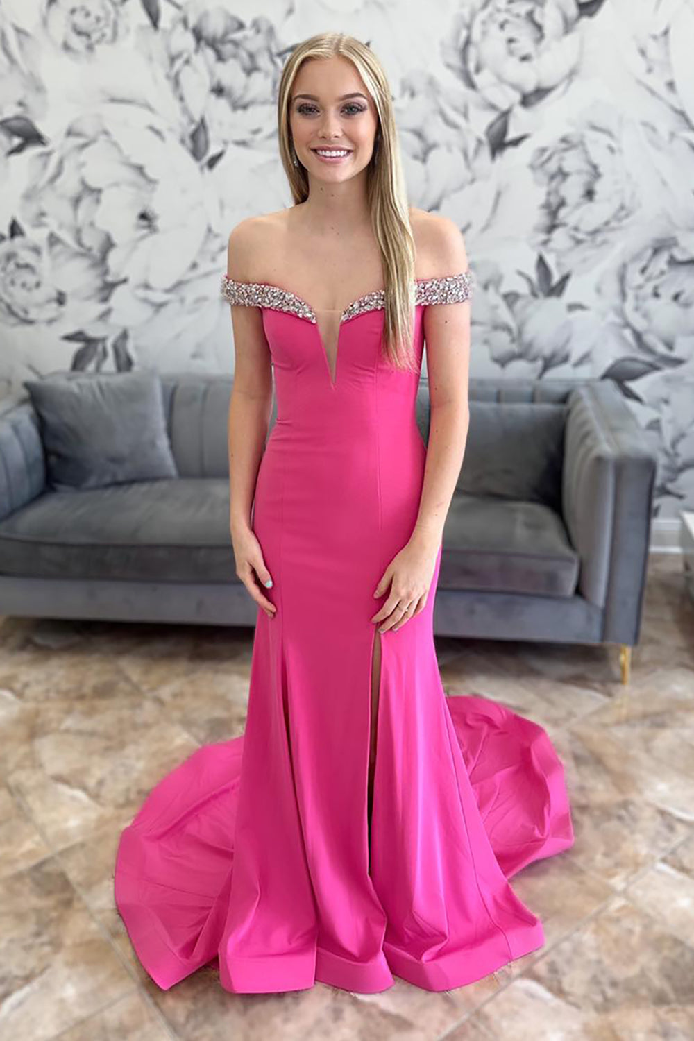 Off the Shoulder Fuchsia Sparkly Beaded Long Prom Dress with Slit