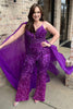 Load image into Gallery viewer, Sparkly Grape Sequin Side Cape Long Prom Jumpsuits