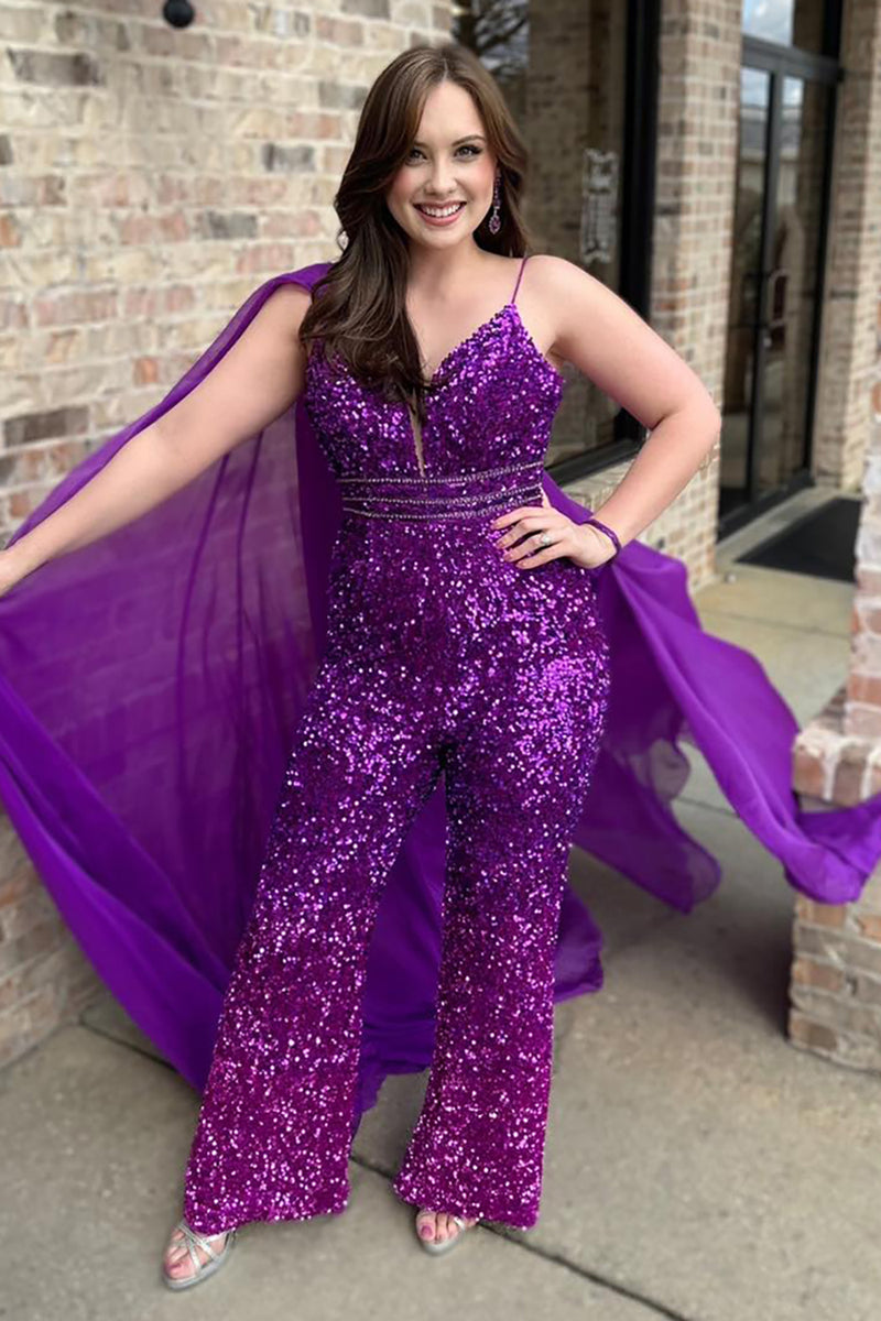 Load image into Gallery viewer, Sparkly Grape Sequin Side Cape Long Prom Jumpsuits