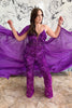 Load image into Gallery viewer, Sparkly Grape Sequin Side Cape Long Prom Jumpsuits