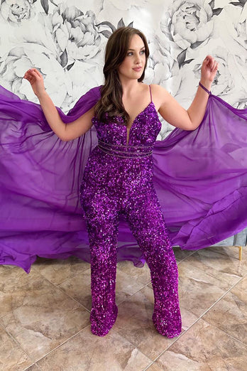 Sparkly Grape Sequin Side Cape Long Prom Jumpsuits