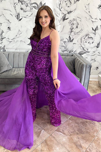 Sparkly Grape Sequin Side Cape Long Prom Jumpsuits