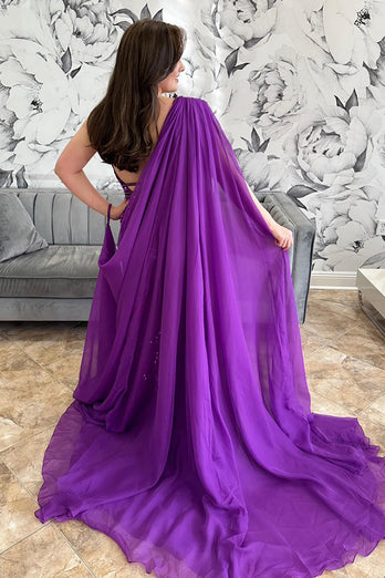 Sparkly Grape Sequin Side Cape Long Prom Jumpsuits