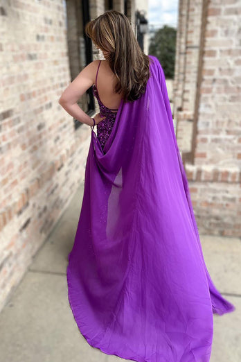 Sparkly Grape Sequin Side Cape Long Prom Jumpsuits