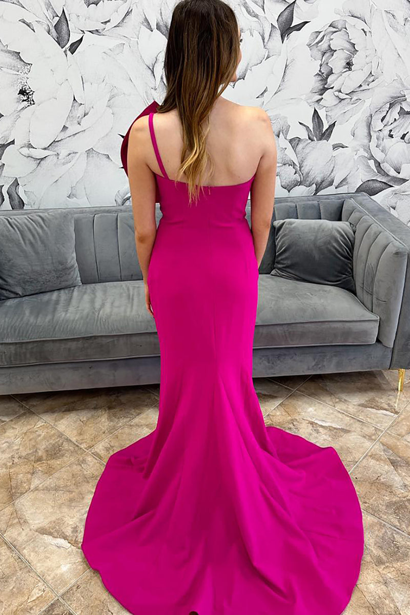 Load image into Gallery viewer, Fuchsia One Shoulder Bow Satin Long Prom Dress