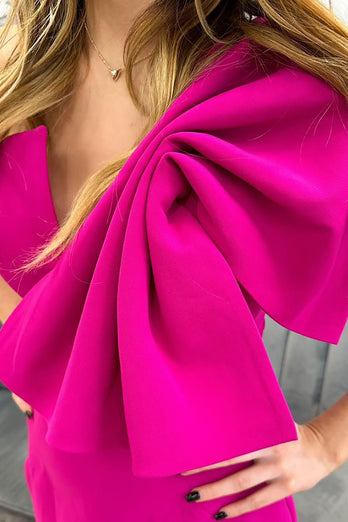 Fuchsia One Shoulder Bow Satin Long Prom Dress