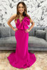 Load image into Gallery viewer, Fuchsia One Shoulder Bow Satin Long Prom Dress