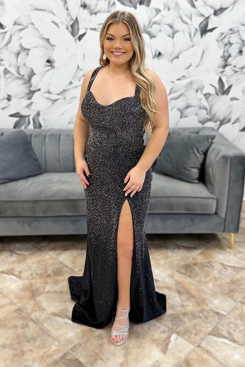 Load image into Gallery viewer, Sparkly Black Beaded Mermaid Long Prom Dress with Slit