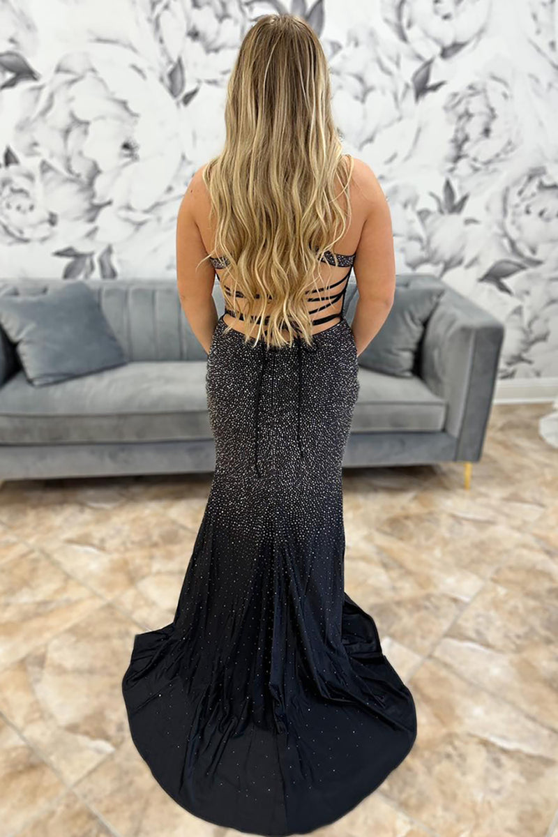 Load image into Gallery viewer, Sparkly Black Beaded Mermaid Long Prom Dress with Slit