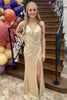 Load image into Gallery viewer, Sparkly Gold V-Neck Ruched Long Prom Dress with Slit