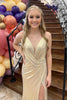 Load image into Gallery viewer, Sparkly Gold V-Neck Ruched Long Prom Dress with Slit