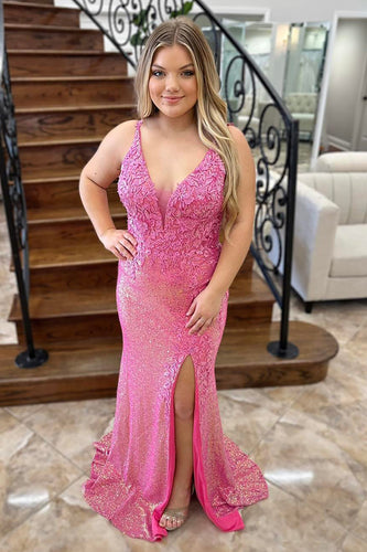 Sparkly Pink Floral V-Neck Corset Long Prom Dress with Slit