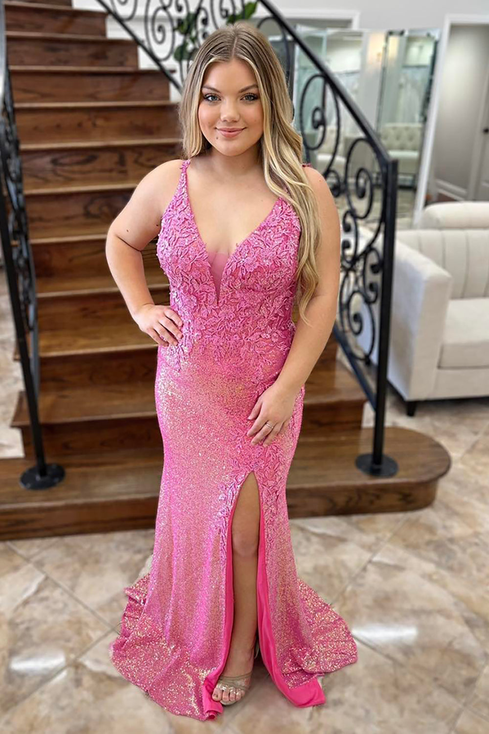 Sparkly Pink Floral V-Neck Corset Long Prom Dress with Slit