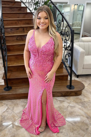 Sparkly Pink Floral V-Neck Corset Long Prom Dress with Slit