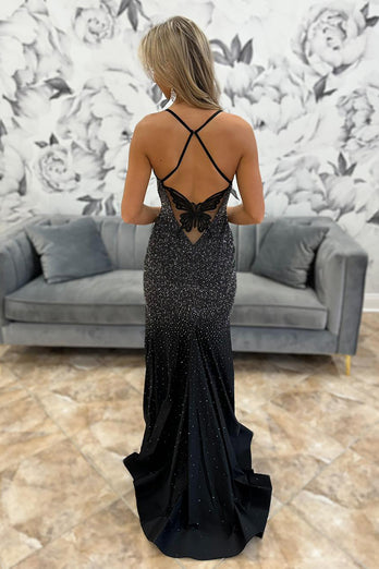 Sparkly Black Beaded Spaghetti Straps Butterfly Long Prom Dress