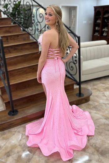 Sparkly Pink Beaded Feathers Strapless Long Prom Dress with Slit