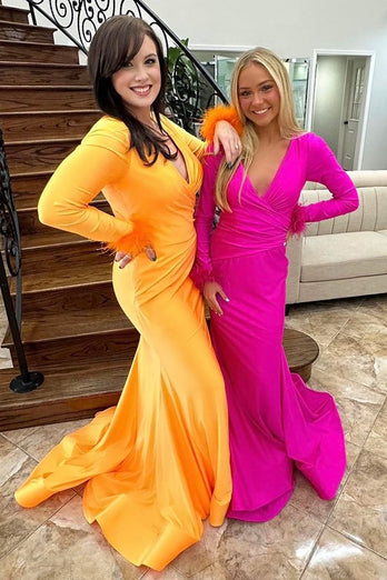 Fuchsia Long Sleeves V-Neck Satin Long Prom Dress with Feathers