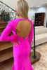 Load image into Gallery viewer, Fuchsia Long Sleeves V-Neck Satin Long Prom Dress with Feathers