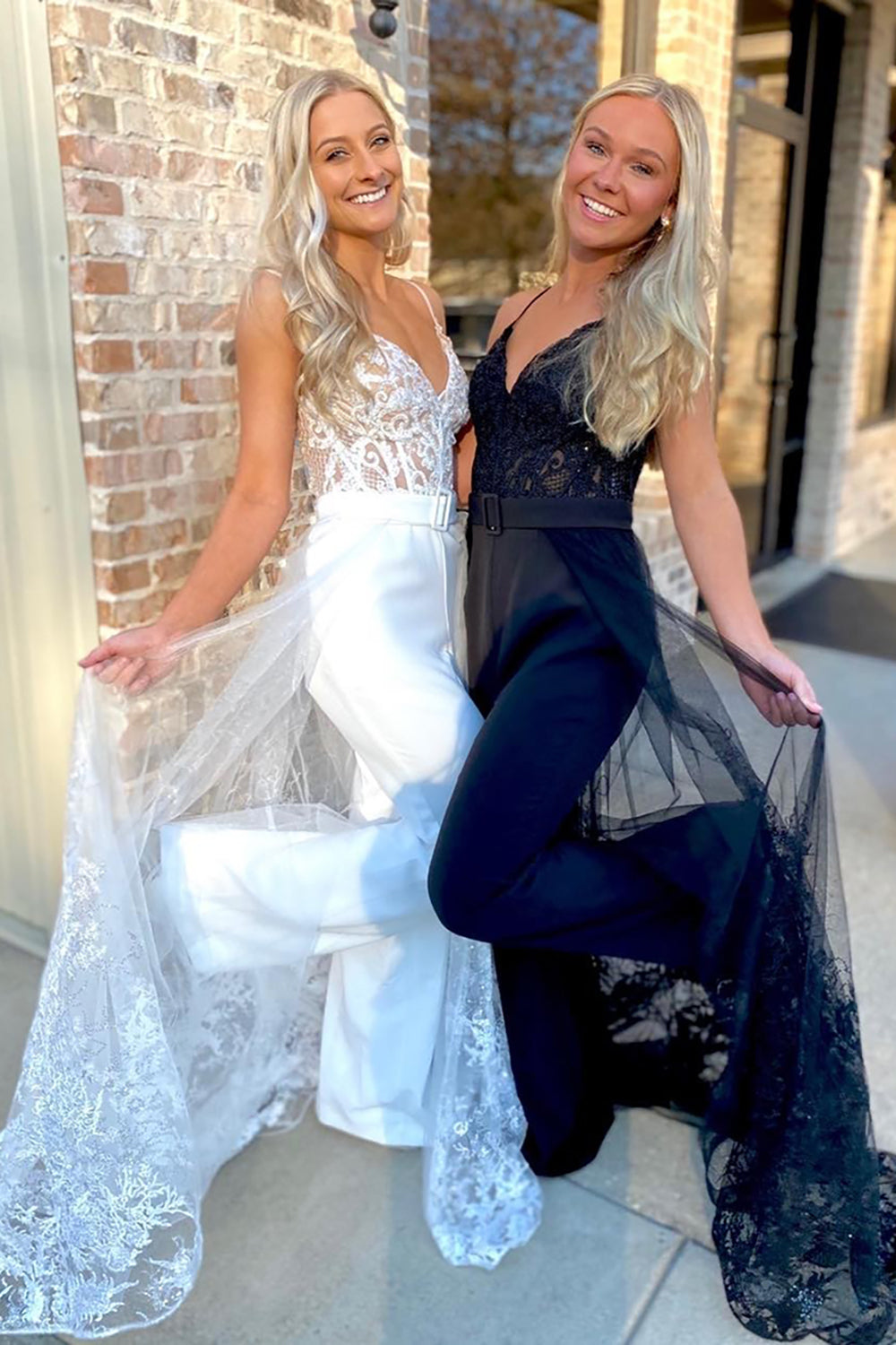 Black Corset Spaghetti Straps V-Neck Long Prom Jumpsuit with Lace