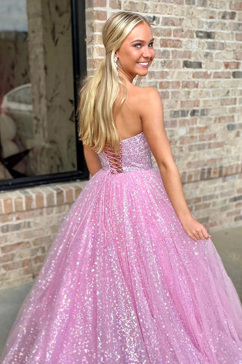 Saprkly Pink Sequin Sweetheart Strapless Long Prom Dress