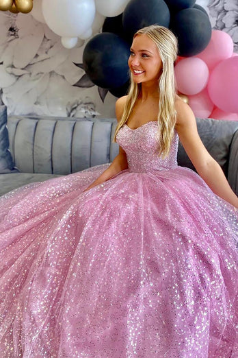 Saprkly Pink Sequin Sweetheart Strapless Long Prom Dress