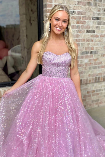 Saprkly Pink Sequin Sweetheart Strapless Long Prom Dress