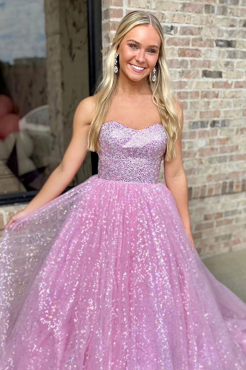 Load image into Gallery viewer, Saprkly Pink Sequin Sweetheart Strapless Long Prom Dress