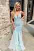 Load image into Gallery viewer, Floral Light Green V-Neck Backless Long Prom Dress