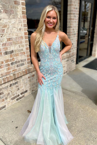 Floral Light Green V-Neck Backless Long Prom Dress